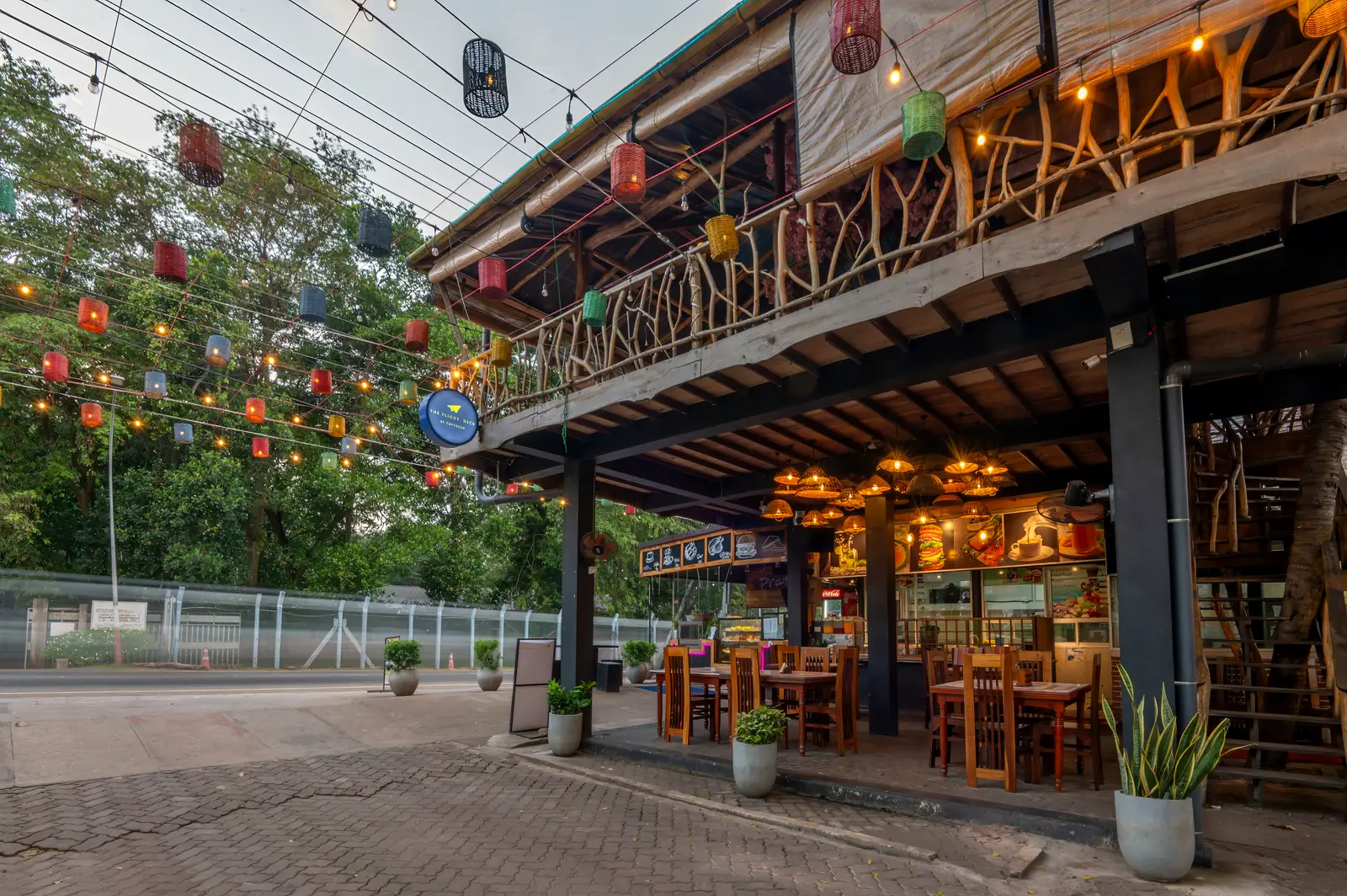 The Flight Deck café under lanterns