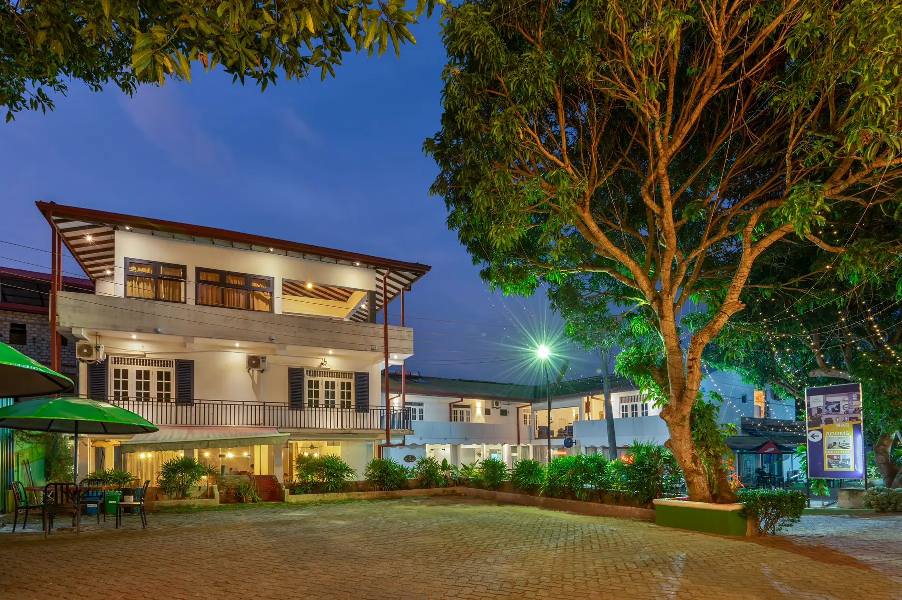 The Empyrean Hotel courtyard at dusk